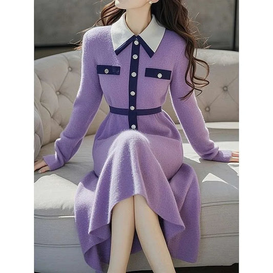 French Elegant Women Turn Down Collar Thick Knitting Sweater Dress New Autumn Winter Purple Hit Color Slim Elastic Midi Vestidos