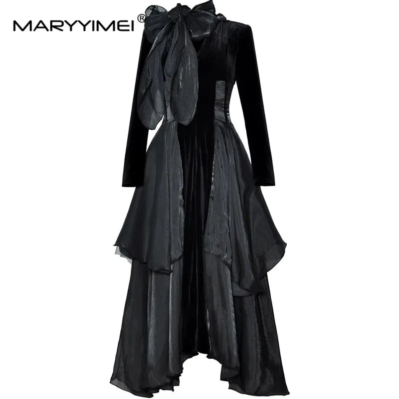 MARYYIMEI Fashion design Women's Dress V-neck Long-Sleeved Flounced Edge High waist dress for formal occasion With scarf