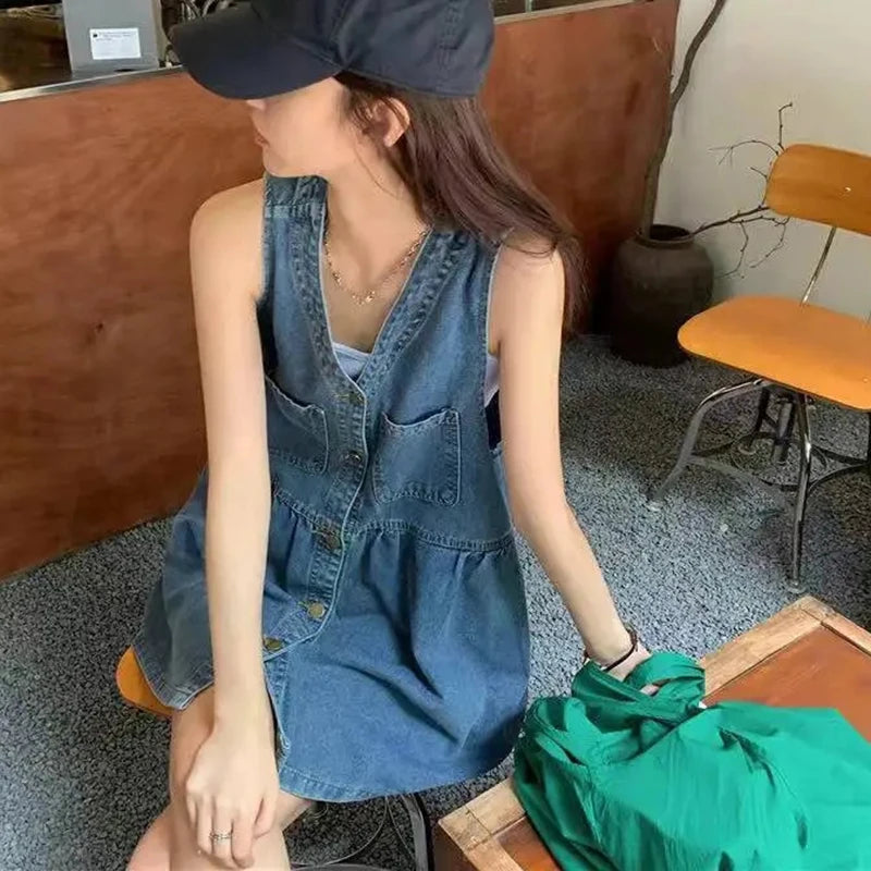 Biyaby Sleeveless Strap Dress Women 2024 Summer Single-Breasted Pockets Denim Dresses Woman Korean Style Loose A Line Mini Dress