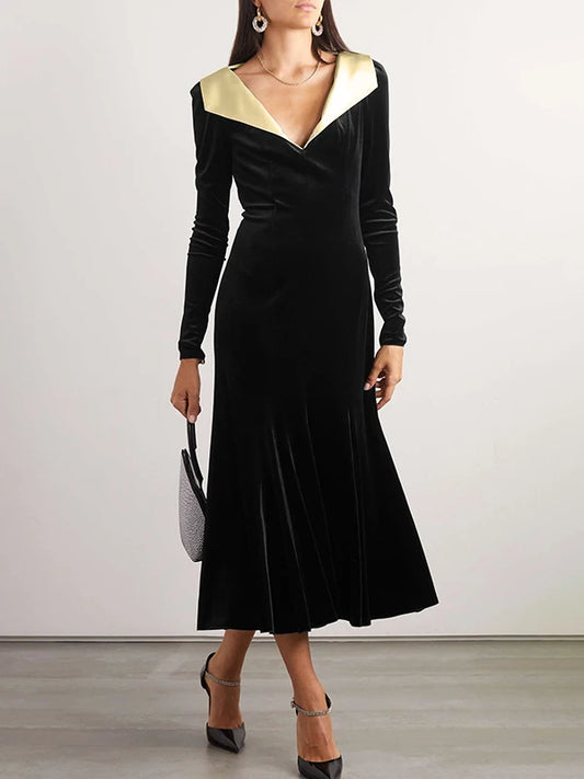 Krisnanas Black Velvet Long Evening Dress 2024 New A-line Long Sleeves Solid Color Velvet Deep V-Neck Maxi Dresses Midi Dresses