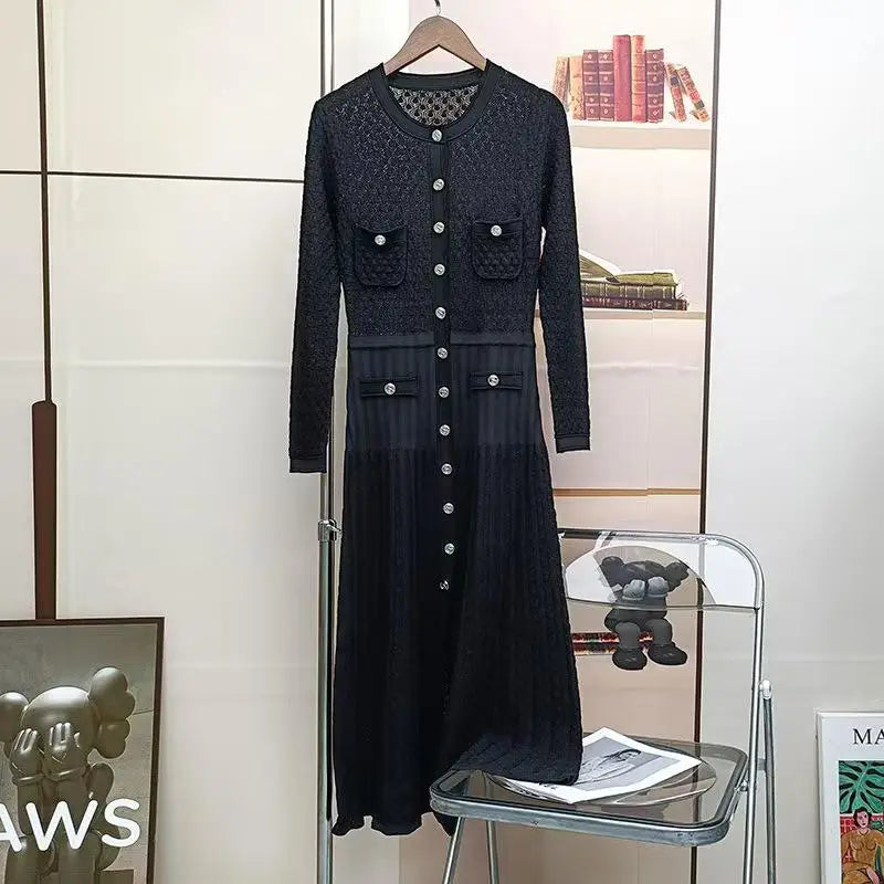 Autumn Winter Black White Single Breasted Casual Sweater Dress Green Elegant Office Women's Temperament Long Sleeve Knit Dresses