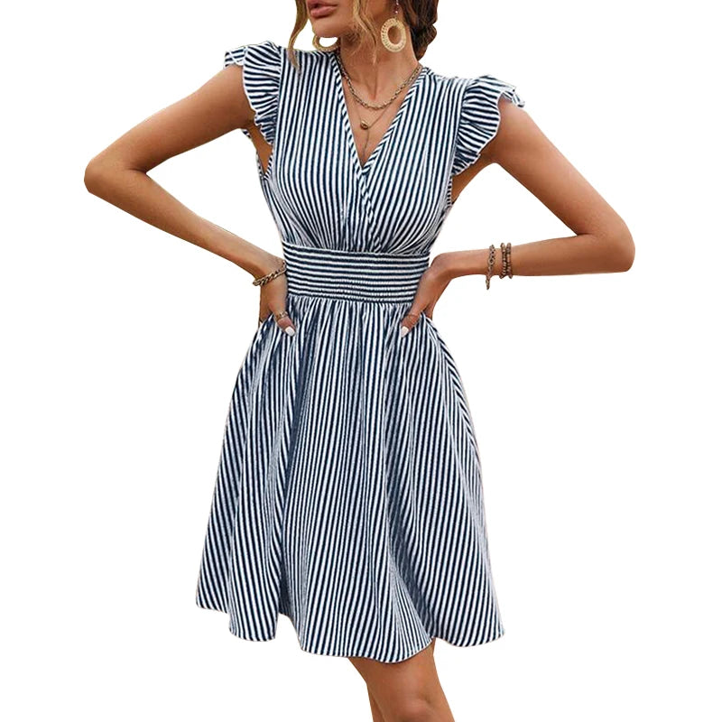 Casual Women's Summer Dresses Strip Print A-line Elastic Waist Midi Dress Flounce Sleeves Elegant Short Dress for Women 2024