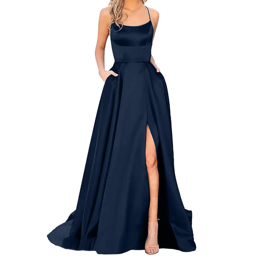 Ladies Gala Dress Halter Off Shoulder High Split Pocket A-Shaped Swing Long Skirt Solid Color Banquet Party Elegant Dress