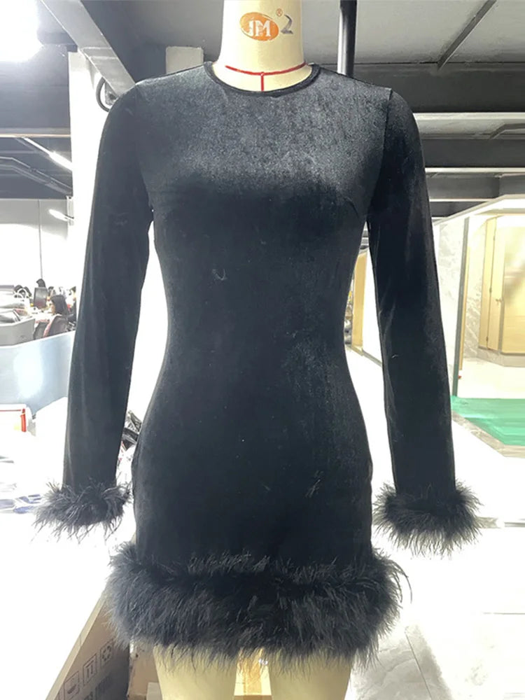 Elegant Velvet Feather Short Dress Women Black Slim O-neck Long Sleeve Hip Package Dresses Female 2025 Spring Lady Ball Gown