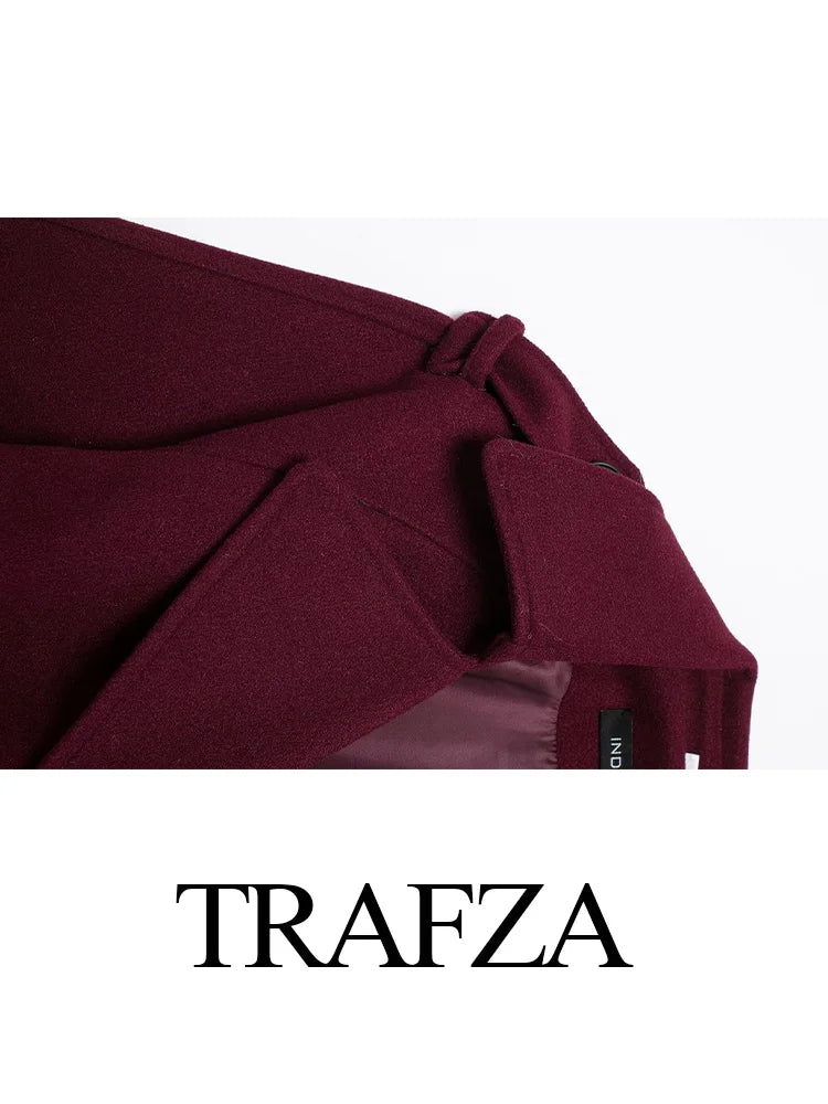 TRAFZA 2024 Women Wine Red Tweed Coat With Belt Turn-Down Collar Long Sleeve Pocket Double Breasted Female High Street Outerwear