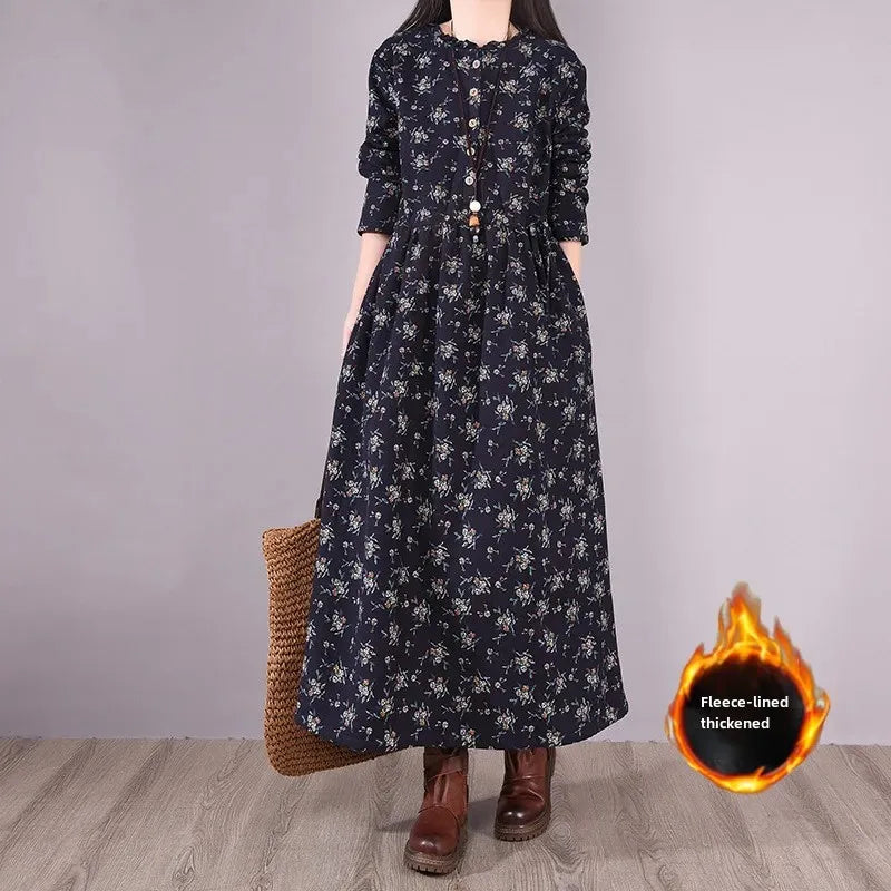 Chinese Style Cotton Linen Vintage Loose-Fit Fleece-Lined Thickened Long Sleeve Dress 2023 Winter New Women's Long Dress