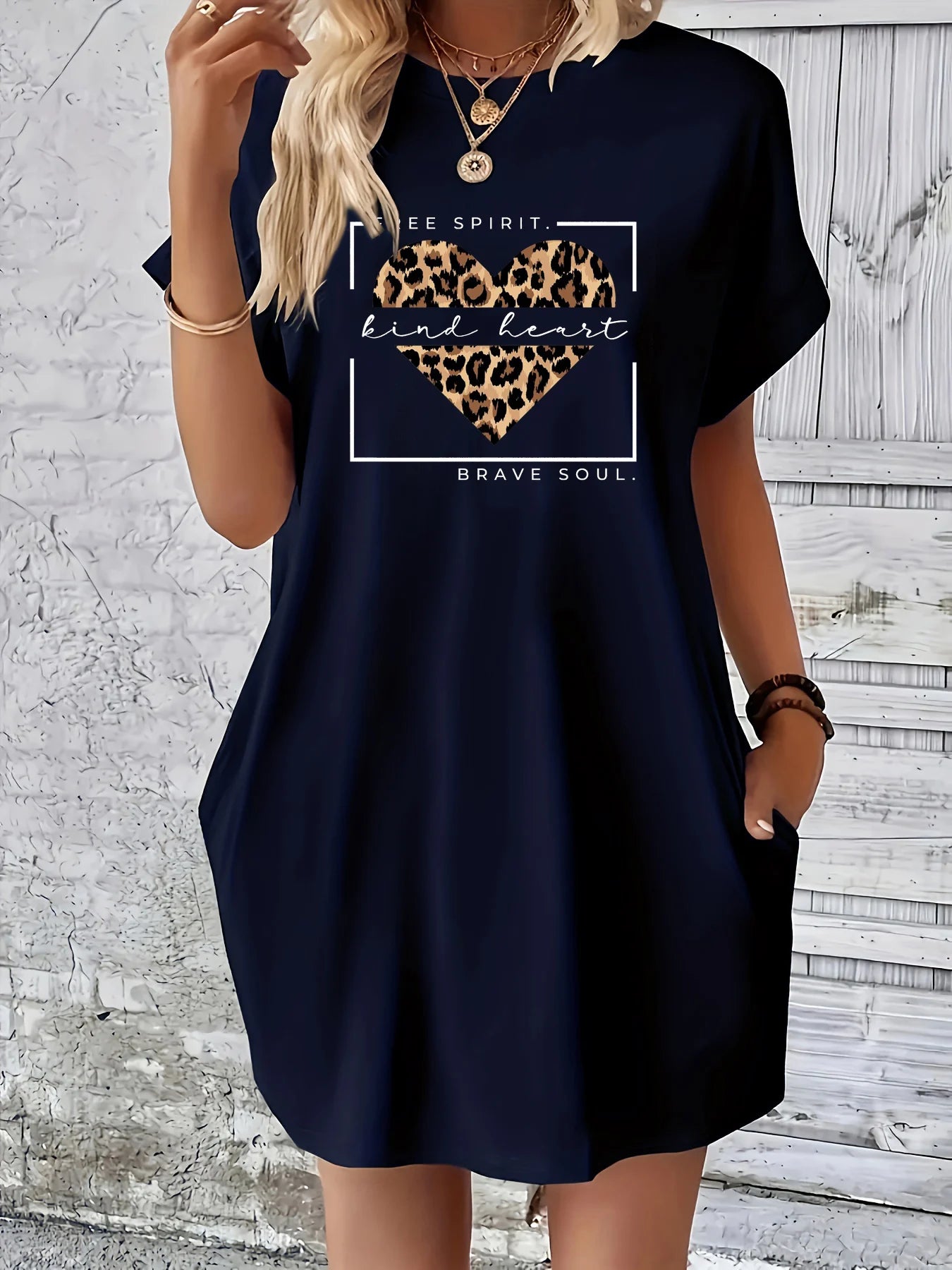 Women's Summer Loose HALF HOOD HALF HOLY Print Round Neck Short Sleeve Pockets Comfortable Casual Plus Size Dress