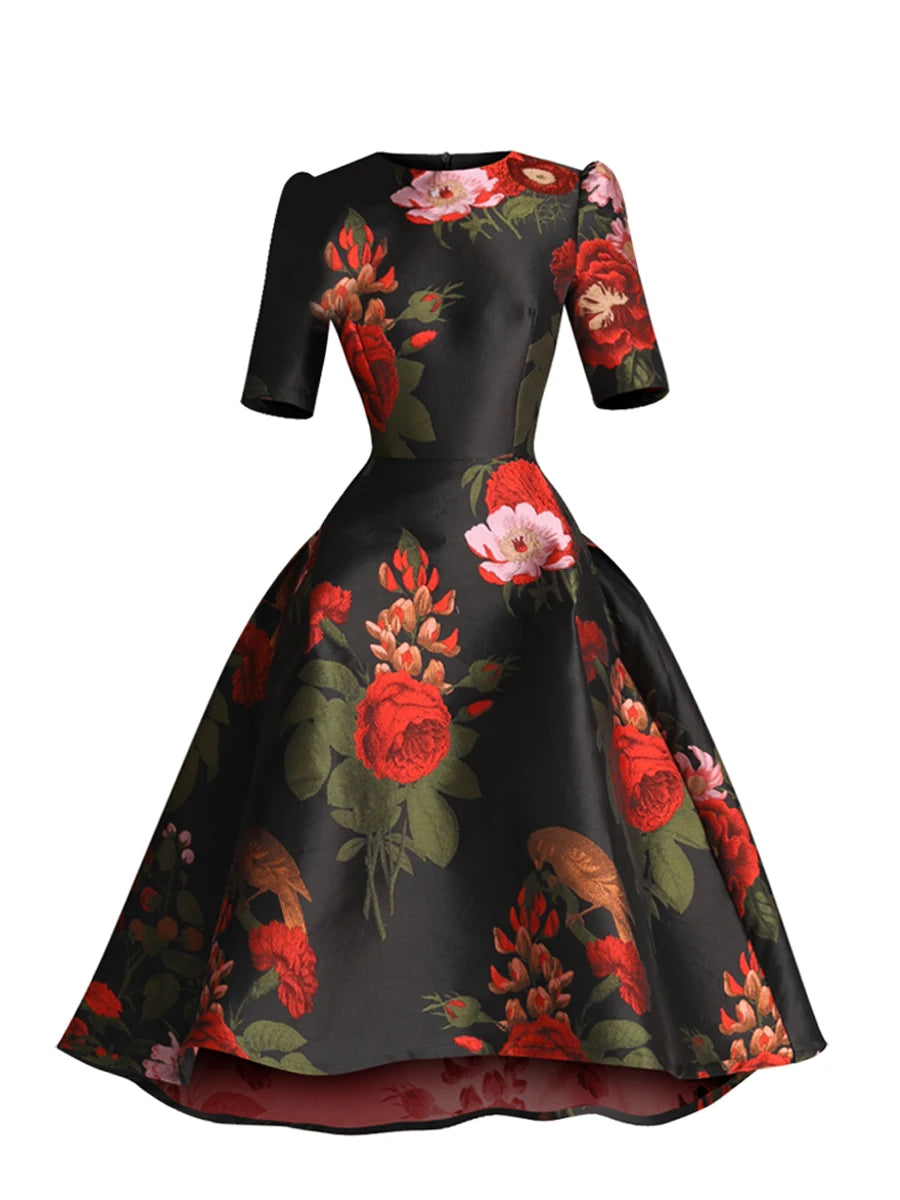 High Quality Luxury Brocade Women Short Sleeves Fashion Swallow Tail Dress Girl Party Floral Elegant Celebrity-inspired Clothes