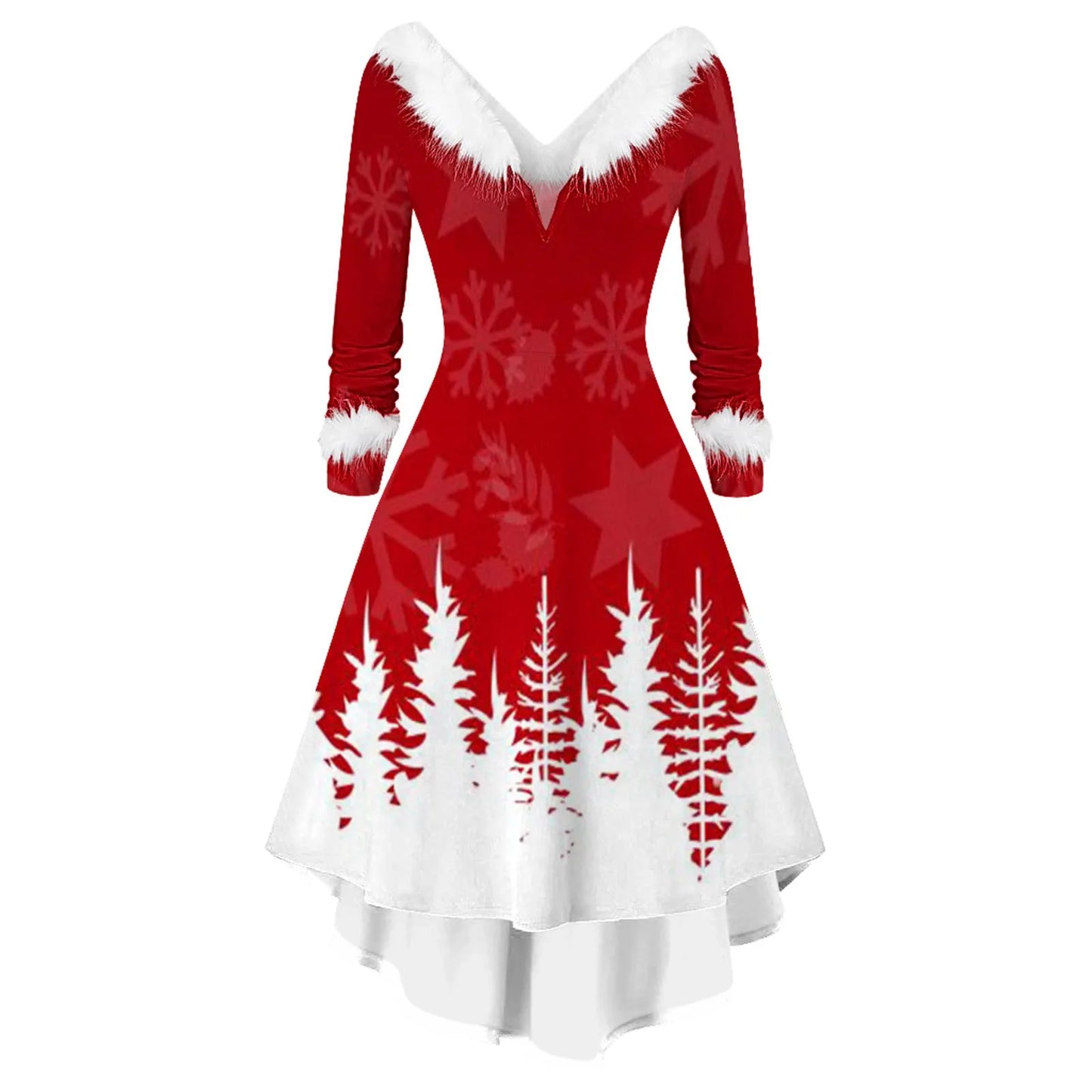 Fashion Spliced Christmas Dress Women Winter Furry Plush Party Dress Female Long Sleeve Irregular A -line Dress Vestidos Navidad