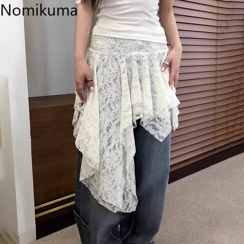 Harajuku Lace Mini Skirt for Women 2024 Faldas Mujer De Moda High Waist A-line Jupe Chic Irregular Y2k Skirts Korean Summer Saia