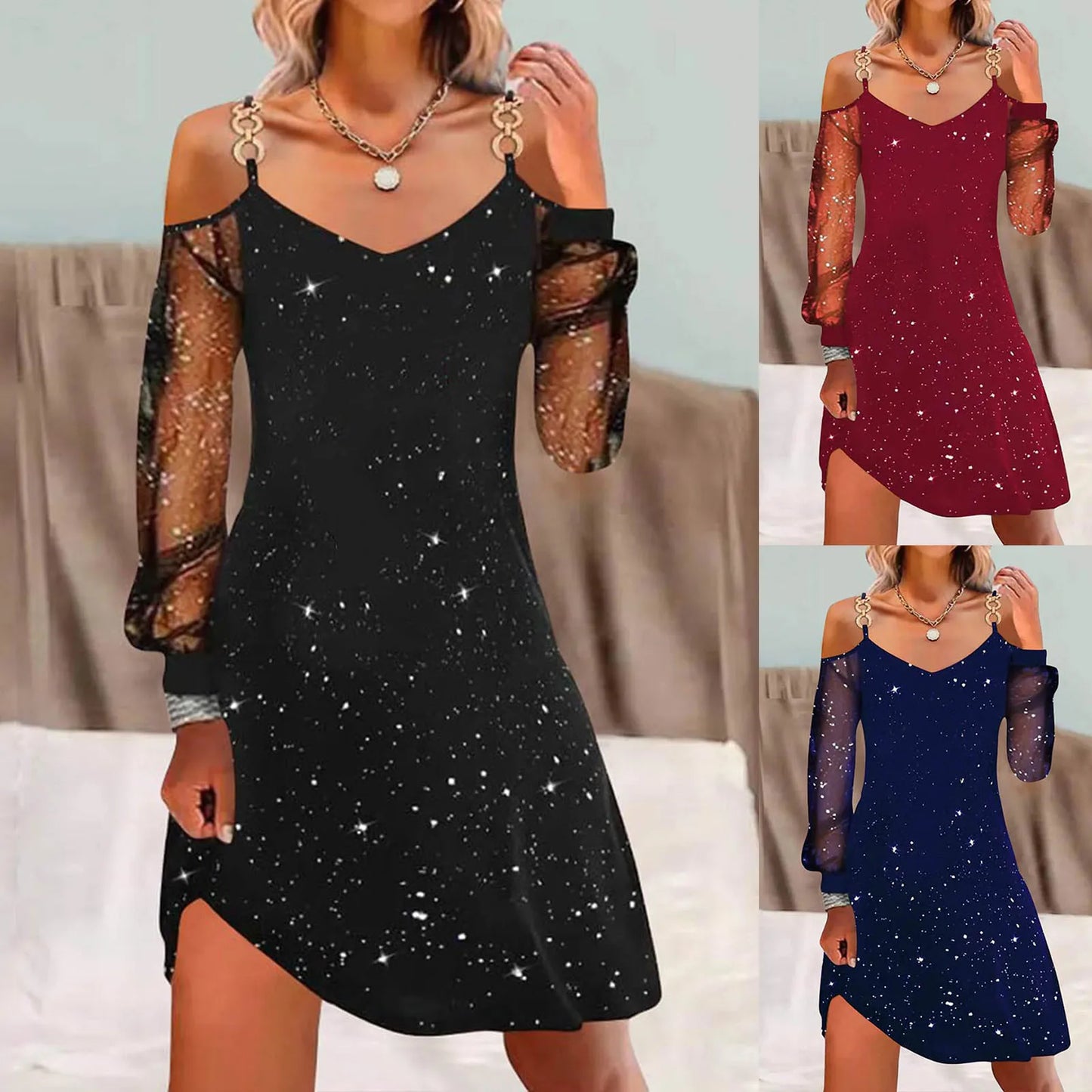 Women Popular Dress Christmas Fashion Solid Color Patchwork Mesh Long Sleeved Sparkly Dresses With Buckle Casual Vestidos