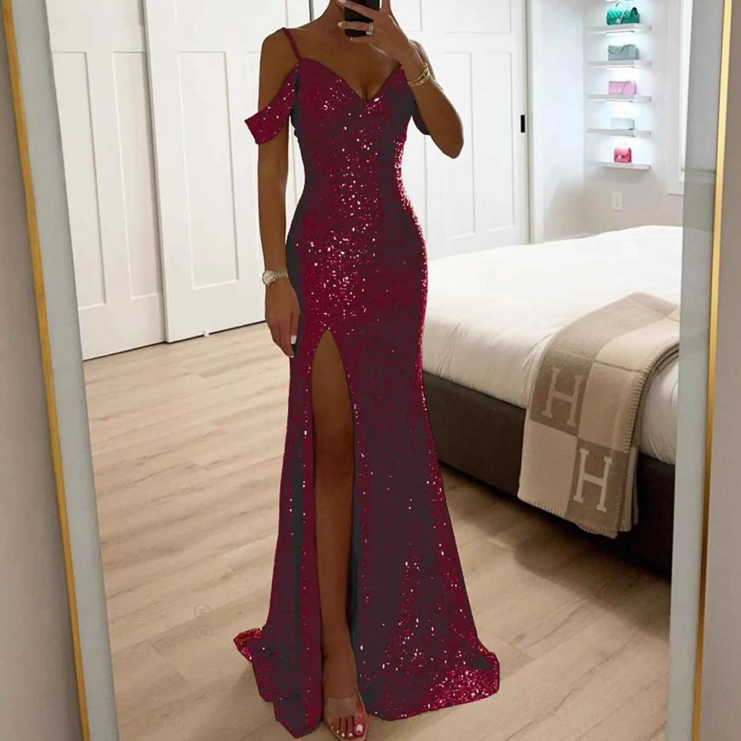 Chic and Elegant Women Evening Maxi Dresses 2024 Off-Shoulder Sequin Mermaid Prom Formal Gowns For Party Split Night Dress