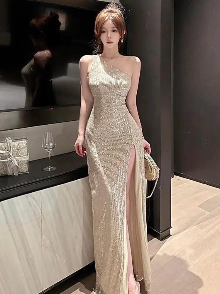 Summer Beige Sexy Club Off Shoulder Sequin High Split Long Dress Women 2024 Elegant Backless Birthday Party Evening Prom Dresses