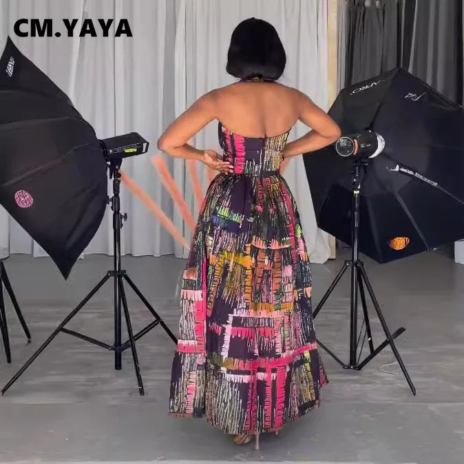 CM.YAYA Vintage Women Print Halter Strapless Long Maxi Dress 2024 Summer Street Sexy Night Party Club Big Swing Dresses Vestidos