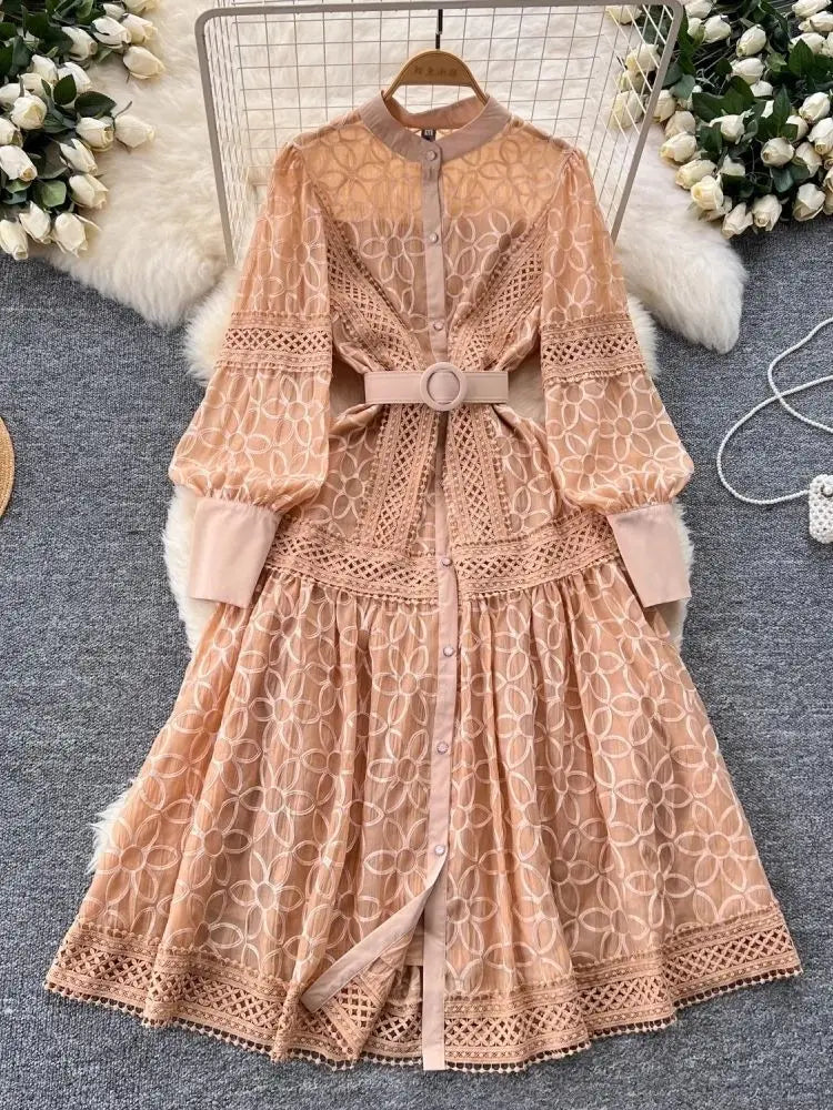 2025 Spring Autumn French Flower Embroidery Dresses Women's Long Lantern Sleeve Single Breasted Belt Evening Party Vestidos