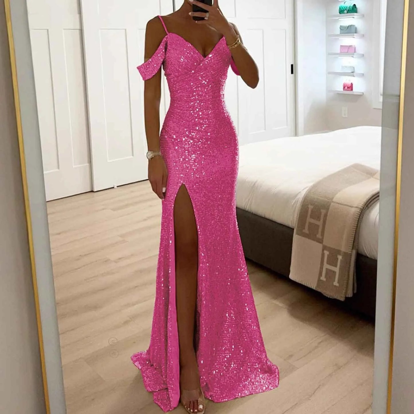 Chic and Elegant Women Evening Maxi Dresses 2024 Off-Shoulder Sequin Mermaid Prom Formal Gowns For Party Split Night Dress