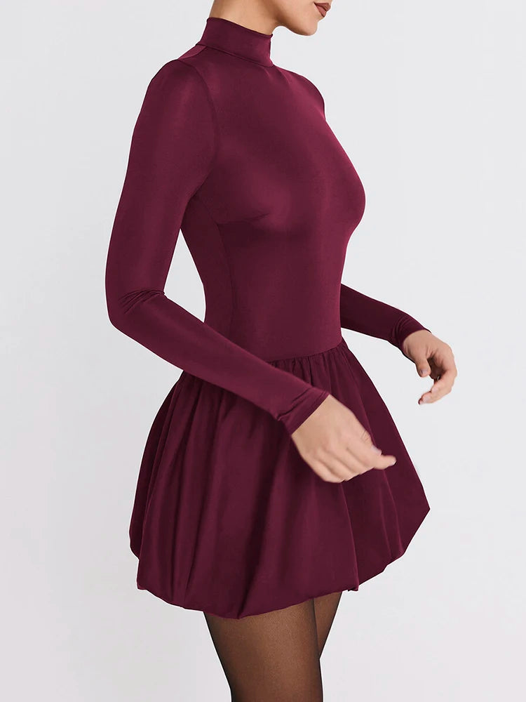 Fantoye Patchwork Turtleneck Long Sleeve Women Mini Dress Burgundy High Waist A-line Dress Female Winter Slim Elegant Streetwear