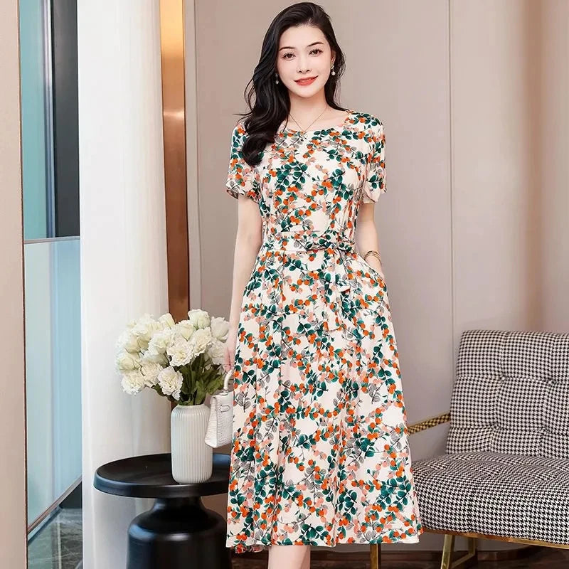 Short Sleeve Cotton Vintage Print Dresses for Women Casual Loose Long Summer Dress Vestidos De Fiesta Elegantes Para Mujer 2024