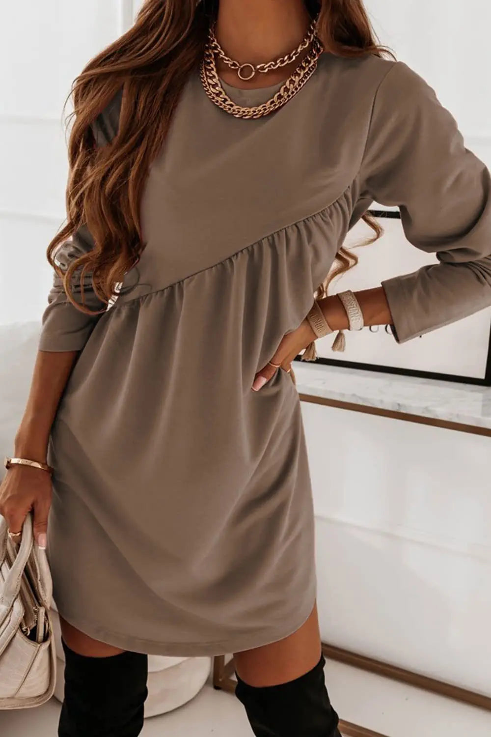 Women Loose Sweatshirt Dress Spring Autumn Female Round Collar Long Sleeve Solid Color Sporty Dresses YSY-YSY3072