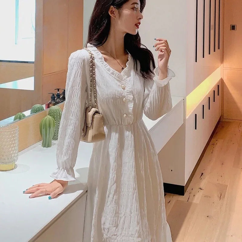 2024 New Elegant Slimming Medium-length White Dress Long Sleeve Waist-fitted Women's Skirt French Style For Special Occasions