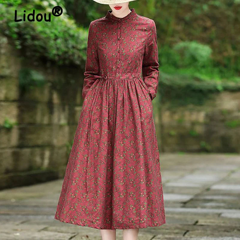 Women's Vintage Floral Print Lace Up Elegant Party Dresses Autumn Fashion High Waist Slim Cotton Midi Dress Long Sleeve Vestidos