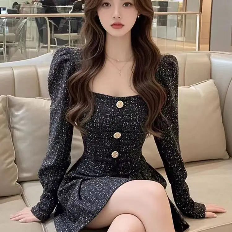 Black Square Neck Dress Women's New Style Light Luxury Waist Cinching Slimming A-line Short Skirt