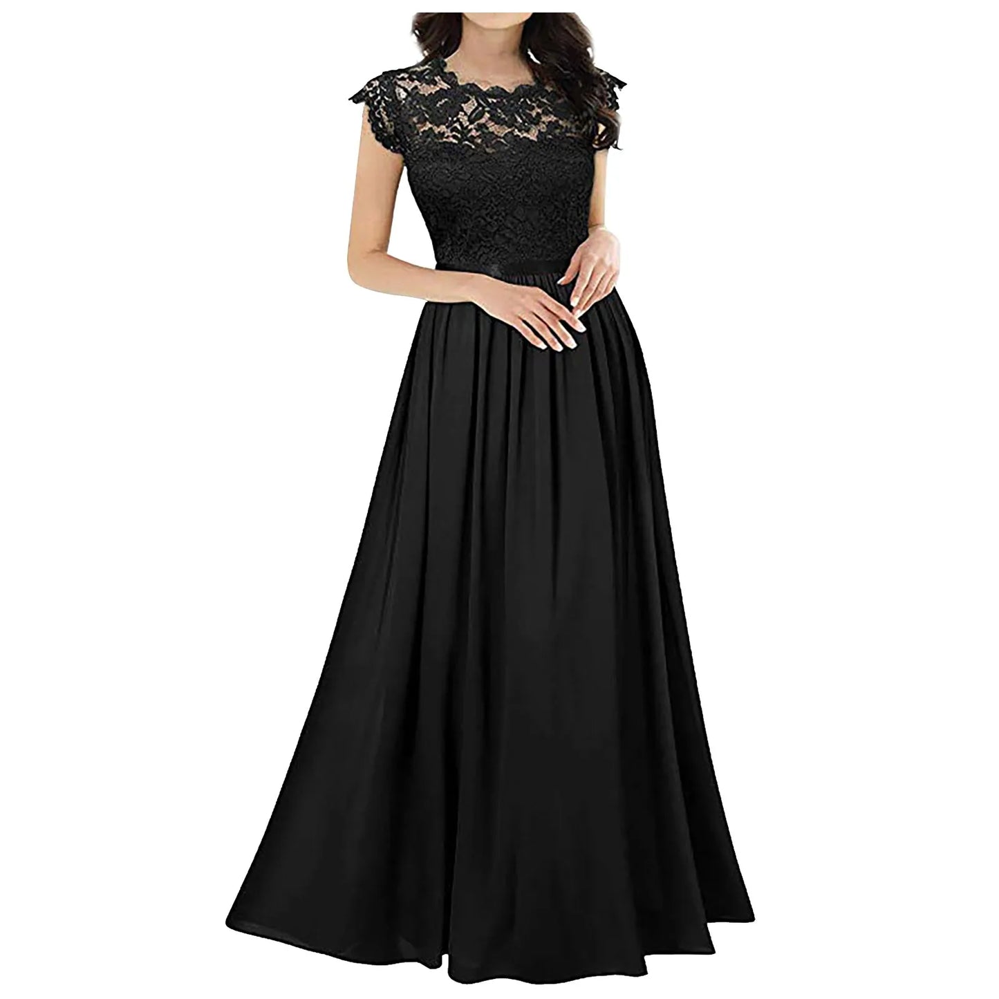 Elegant Lace Evening Party Dress Women V-neck Short Sleeve Chiffon Dress Ladies Big Swing Wedding Long Dress Vestidos de Festa