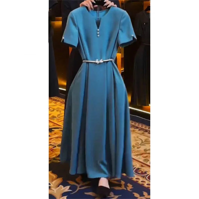 Summer New Women Elegant Midi Party Dress Fashion Button Solid Color Short Sleeves High Waist Office Lady Pleated Vestidos 064P