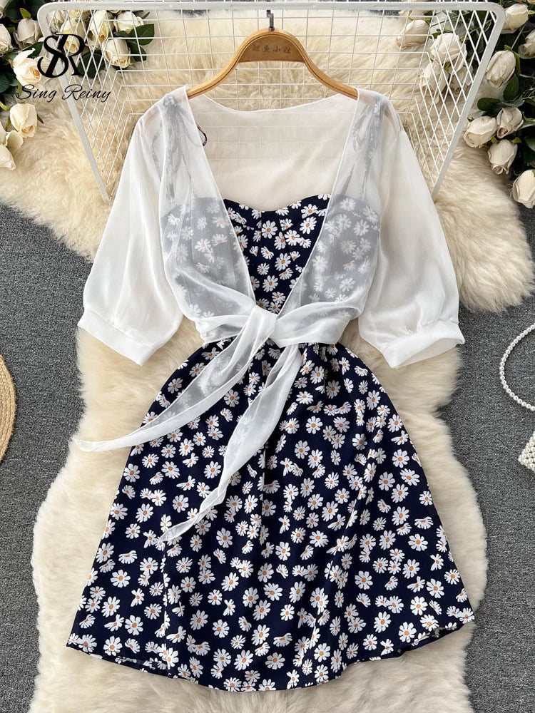 SINGREINY Floral Print Two Piece Dress Women Summer 2022 Slim Vacation Fashion Elegant Ladies A Line Beach Midi Dresses