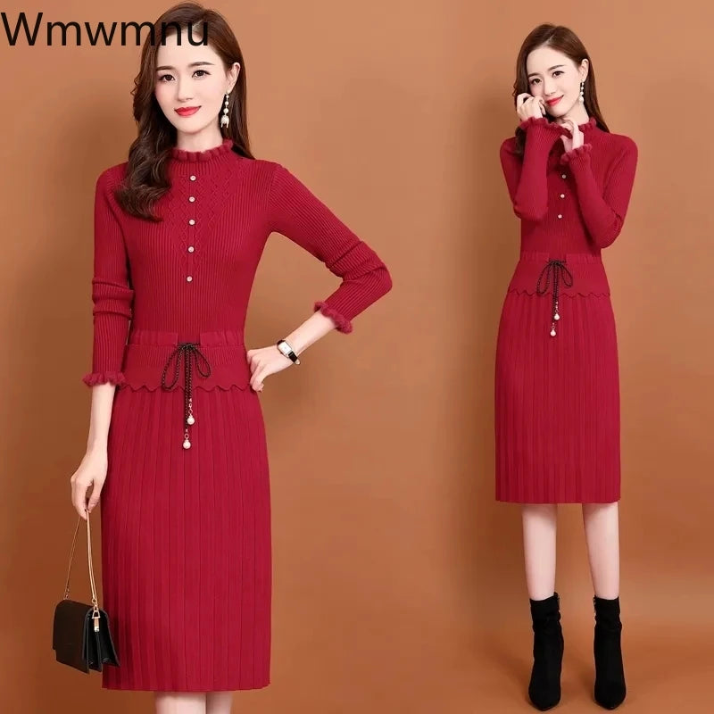 Slim Midi Sweater Dress Elegant Ruffle Long Sleeve Knitted Dress Women Vintage Fall Patchwork Drawstring Waist Bottoming Dresses