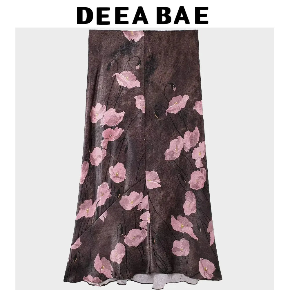 DEEABAE Elegant Party Dresses Women Are Fashionable, Versatile, High Waisted, Slimming, Silk Textured Printed Mid Skirt