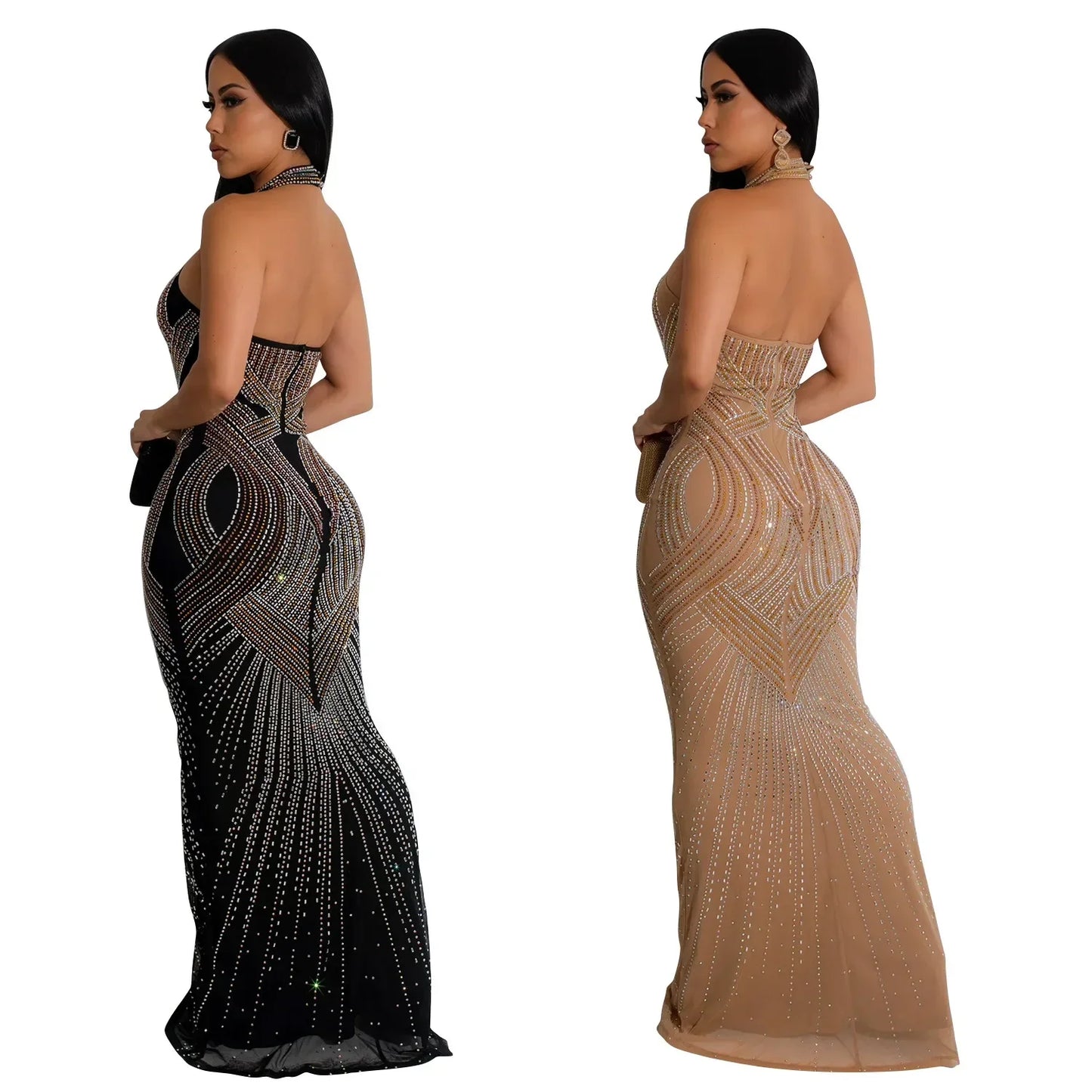 Fashion Women's Wear Solid Color Mesh Hot Rhinestone Halter Maxi Dress Sleeveless Formal Evening Long Dress Skinny Slim