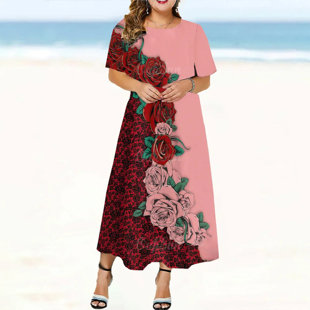 Elegant Fashions Womens Dresses Oversize Woman Dresses Clothing Round Neck Short Sleeves Long Dress Flowers Print Loose Pullover