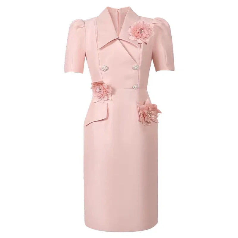 Sweet Work Style Business Formal Lapel Pencil Dress Women Elegant Commute Puff Sleeve Slim Party Birthday Vestido Street Clothes