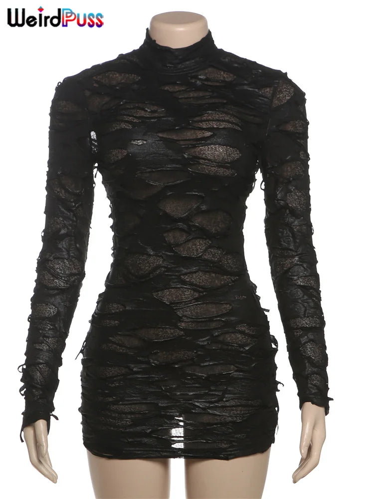 Weird Puss Destruction Style Dress Women Autumn Trend Turtleneck Backless See Through Full Sleeve Skinny Stretch Mini Bodycon