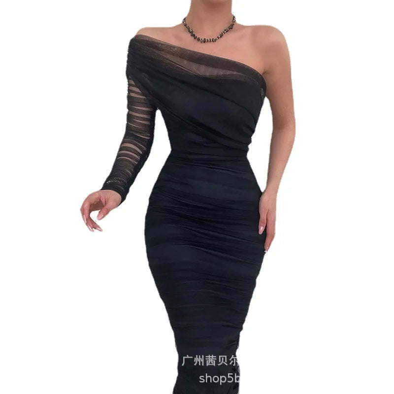 Dress Women Long Dresses Off Shoulder Full Sleeve Sexy Solid Slim Fit Tight Waist Hip Wrap Vestidos Elegant Splice Autumn