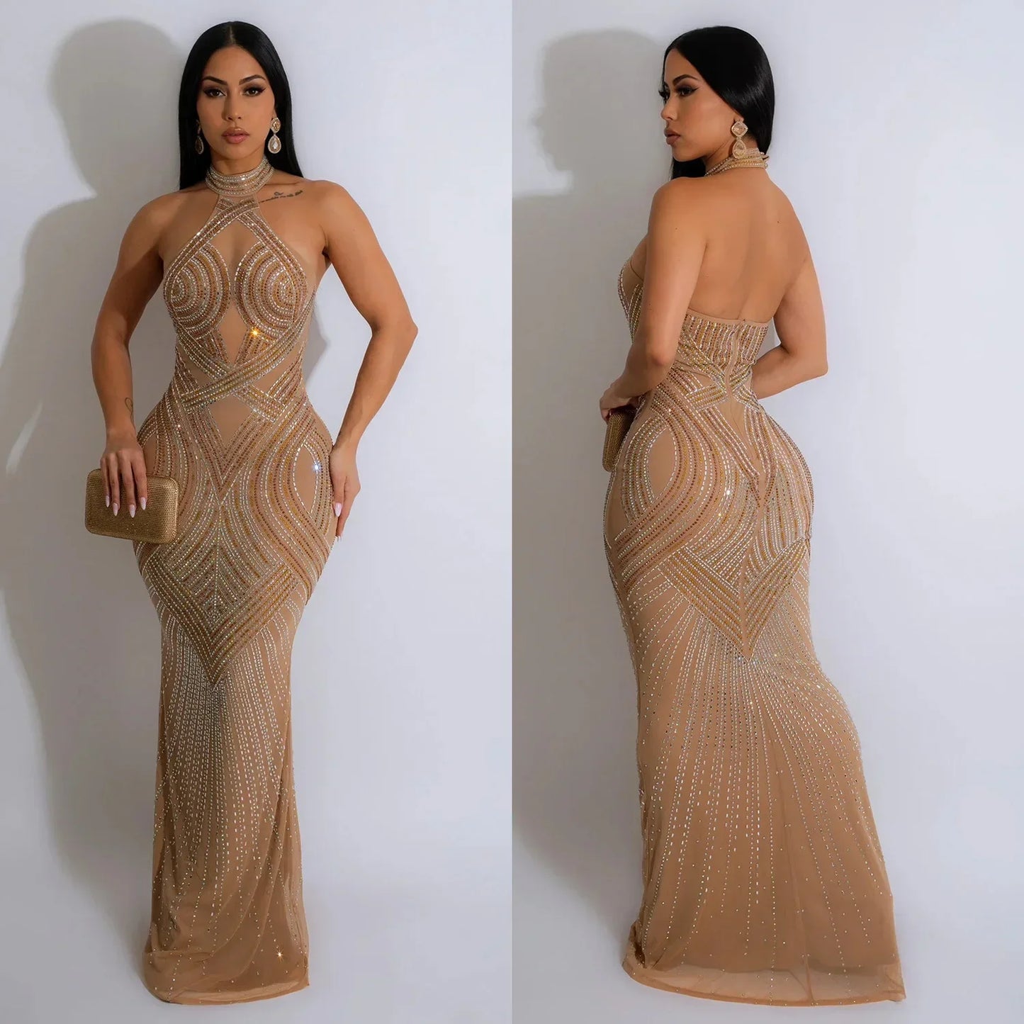 Fashion Women's Wear Solid Color Mesh Hot Rhinestone Halter Maxi Dress Sleeveless Formal Evening Long Dress Skinny Slim