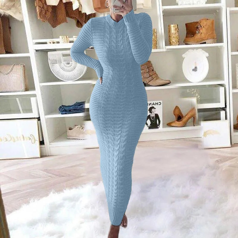 Women Long Maxi Sweater Dress Sexy Half Turtlenck Long Sleeve Tunic Knitwear Ankle Length Bodycon Party Dresses XXBLH-2808