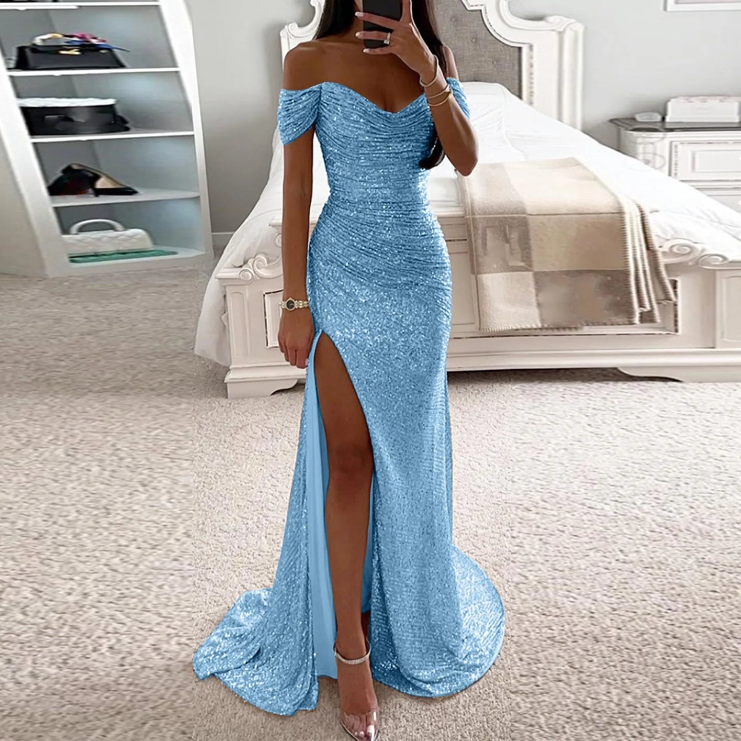 Chic and Elegant Women Evening Maxi Dresses 2024 Off-Shoulder Sequin Mermaid Prom Formal Gowns For Party Split Night Dress