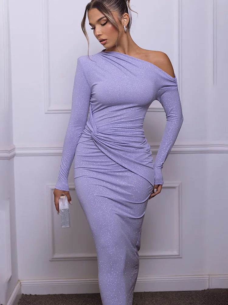 Articat Elegant Long Sleeved Shiny Pleated Bodycon Party Evening Dress Women Autumn Winter New 2025 Tight Sexy Pleated Vestidos