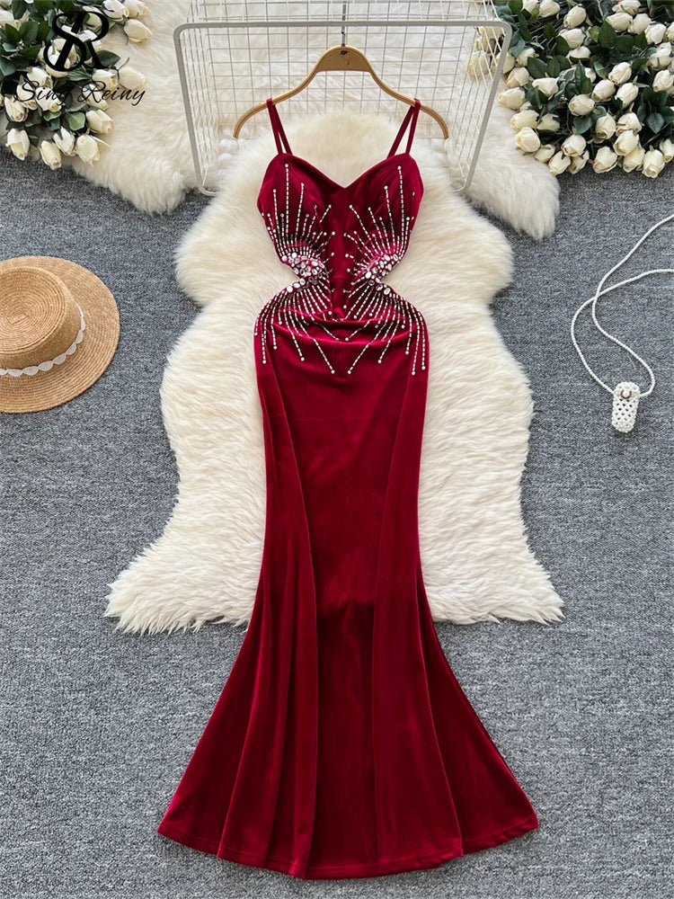 SINGRAIN Senior Evening Party Dress Spaghetti Strap Strapless Diamonds Design Women Elegant Fashion Bodycon Velvet Long Dress