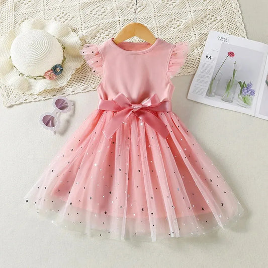 2024 New in Dress Solid Sequin Summer Dress 2 4 6 Years Kid's Princess Dress Fly Sleeve Elegant Cute Birthday Party Dress