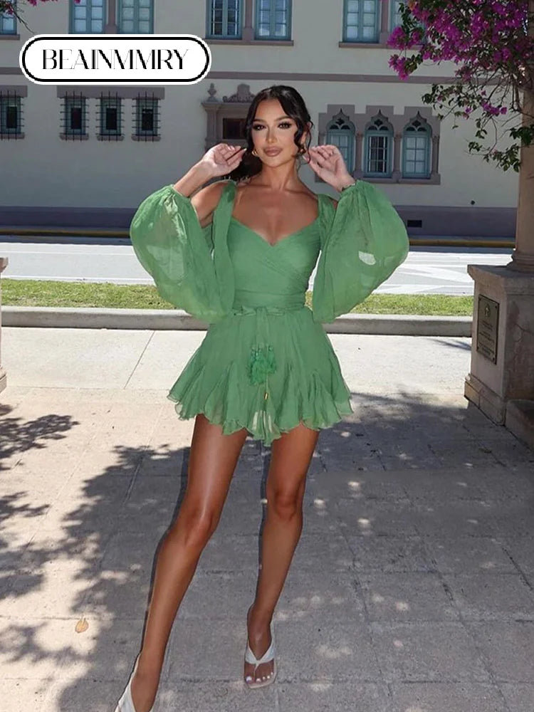 Vintage Green Chiffon Ruffles V-neck Mini Dresses Fashion Full Sleeves High Waist Pleated Hem Dress Women Night Party Vestidos