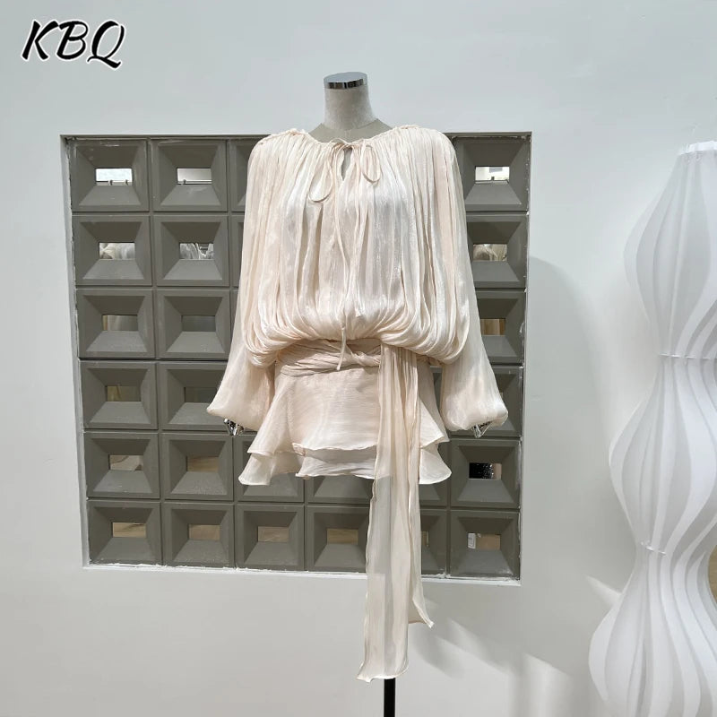 KBQ Solid Patchwork Lace Up Loose Dresses For Women O Neck Long Sleeve High Waist Spliced Folds Temperament Dress Female Fashion