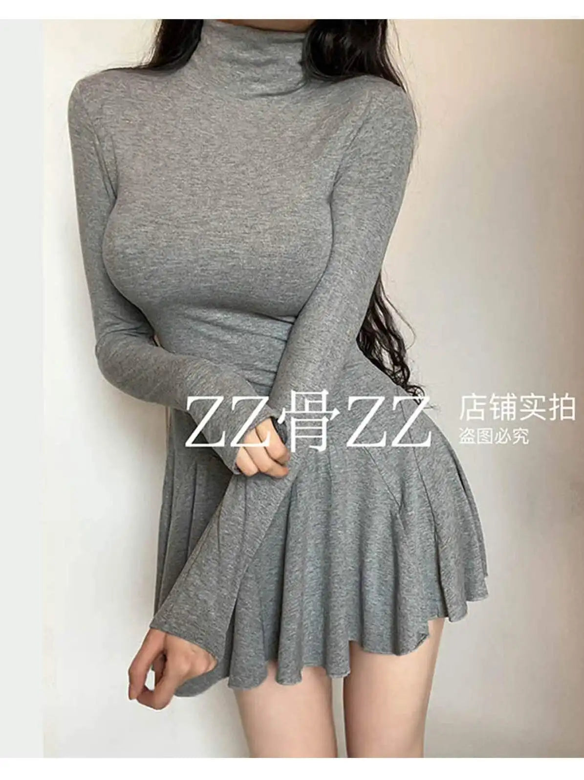 New Dress Elegant Pure Desire Body, High Neck Show Chest, Lazy Long Sleeved Gray Fashion Women Mini Dress Sweet 2024 New 739Y