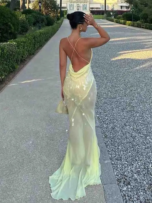 Sexy Sequin Halter Backless Shiny Long Dress Women's Sleeveless V Neck Chic Glitter Dresses 2025 Party Evening Vacation Holiday