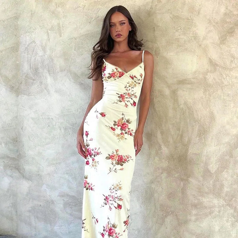 Sleeveless Floral Print Suspender Dress Women Fashion V-neck Slim Maxi Dresses 2023 Summer Chic Female Beach Party Club Robe