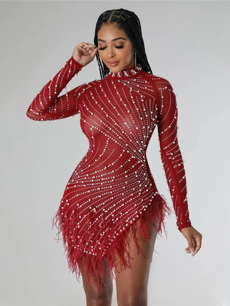 iDress Sexy Pearls Rhinestone Party Dresses Women Elegant Nightclub Feather Birthday Dress Long Sleeve Mesh Sheer Bodycon Dress