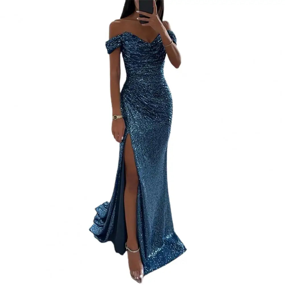 Women V-Neck Off Shoulder Maxi Dress Sequin Pleated Short Sleeve Waist Tight Evening Party Prom Dress Slim Sexy Split Long Dress