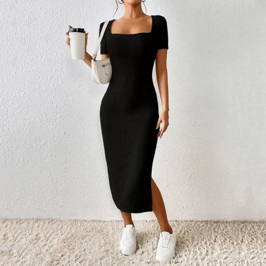 Women Summer Dress Split Hem Knitted Elastic Mid-calf Length Knitted Slit Dress Lady Party Commute Casual Ins Style Midi Dress